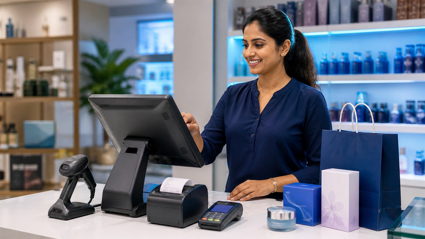 Sri Lankan retailer serving a customer with a modern CeylonPay point-of-sale system